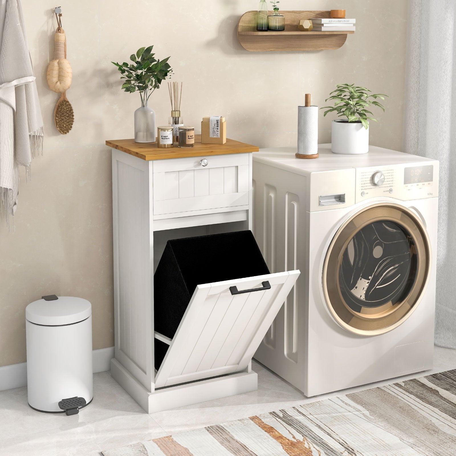 Freestanding Tilt Out Laundry Cabinet with Basket, White Laundry Baskets at Gallery Canada