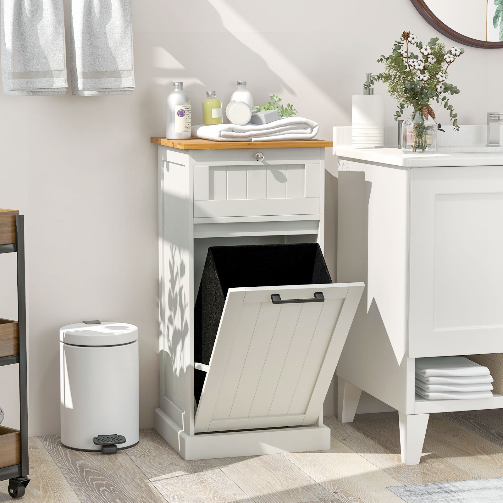 Freestanding Tilt Out Laundry Cabinet with Basket, White Laundry Baskets at Gallery Canada