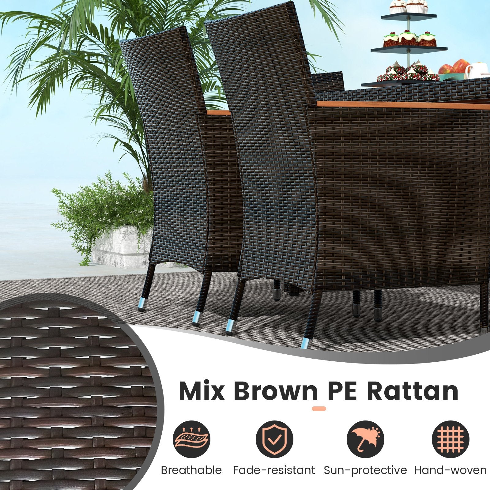 7 Pieces Garden Dining Patio Rattan Set with Cushions for Backyard, Brown Patio Dining Sets   at Gallery Canada