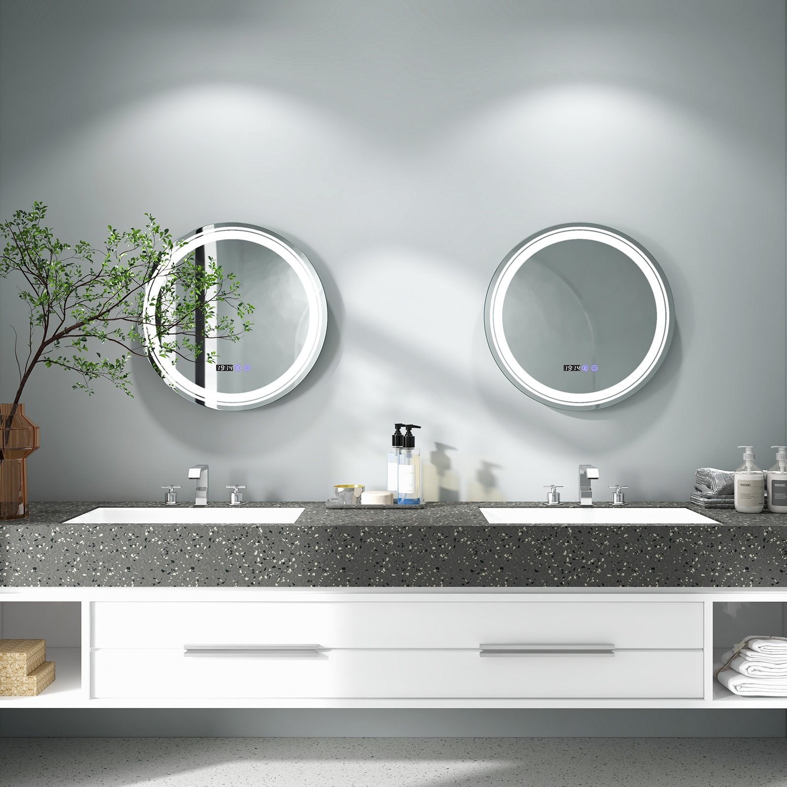 Anti-Fog Round Led Bathroom Mirror with 3 Color LED Lights-S, White Wall Mirrors   at Gallery Canada