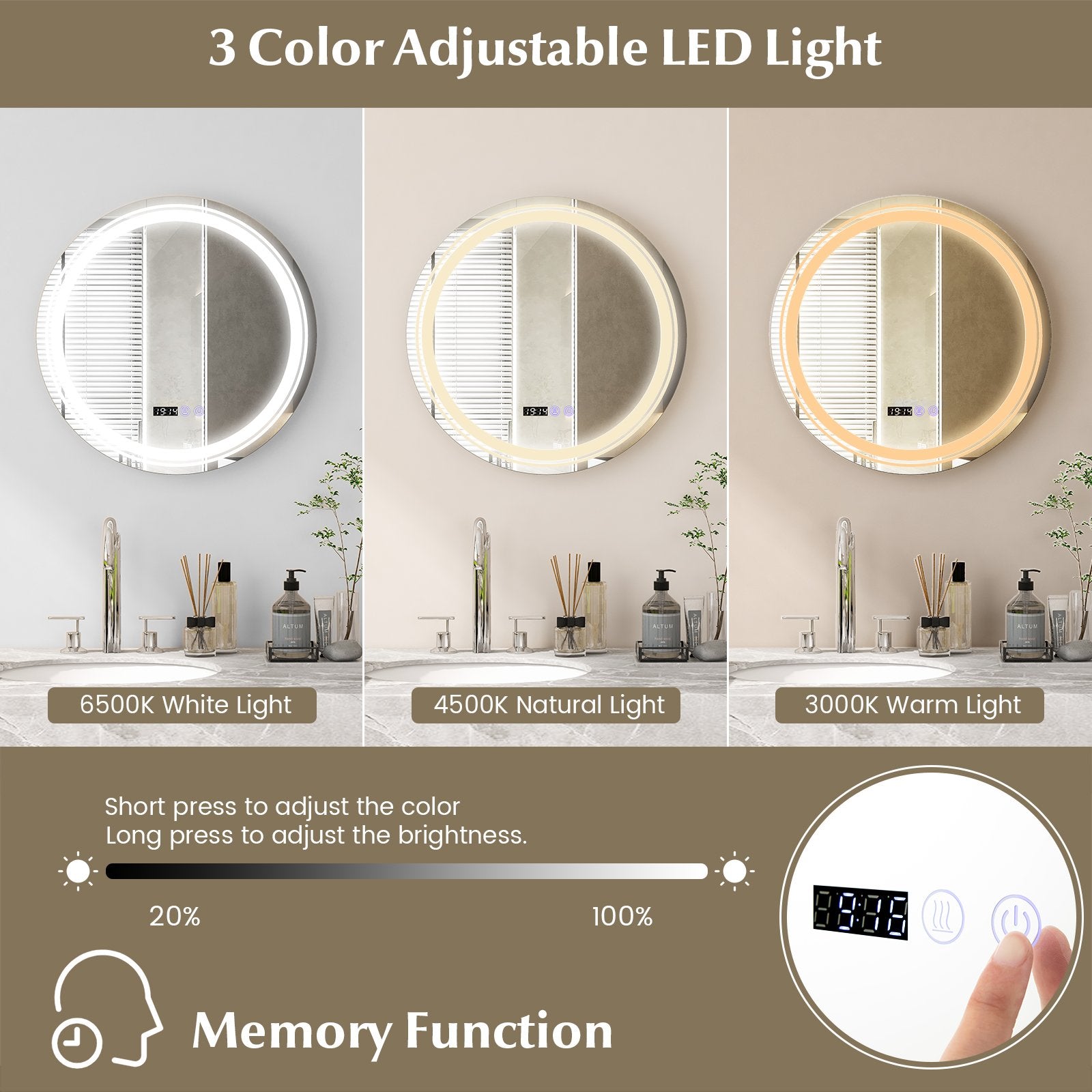 Anti-Fog Round Led Bathroom Mirror with 3 Color LED Lights-S, White Wall Mirrors   at Gallery Canada