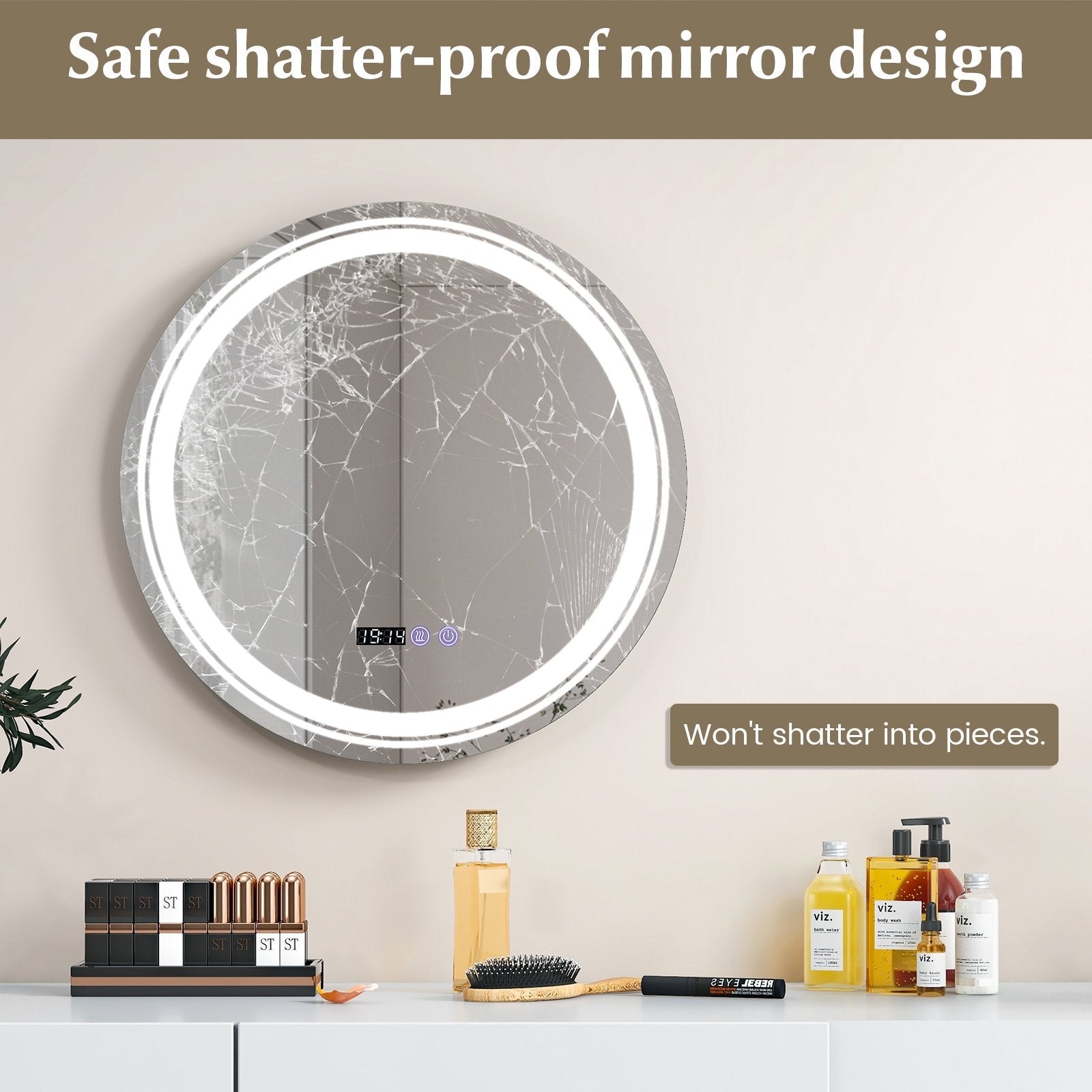 Anti-Fog Round Led Bathroom Mirror with 3 Color LED Lights-S, White Wall Mirrors   at Gallery Canada