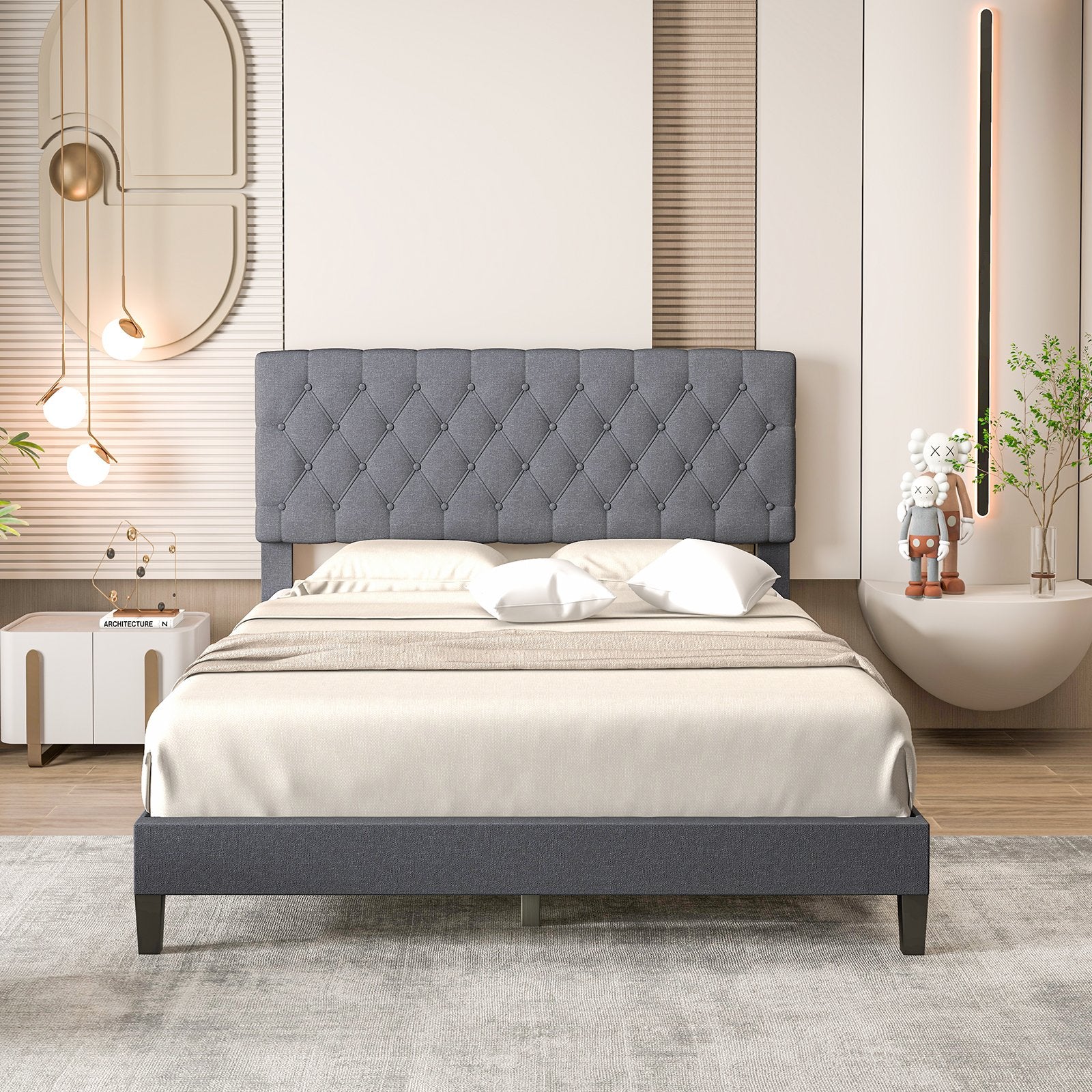 Queen Size Upholstered Platform Bed with Button Tufted Headboard Beds & Bed Frames   at Gallery Canada