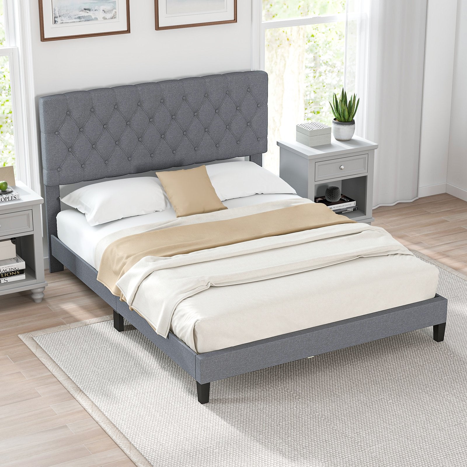 Queen Size Upholstered Platform Bed with Button Tufted Headboard Beds & Bed Frames   at Gallery Canada