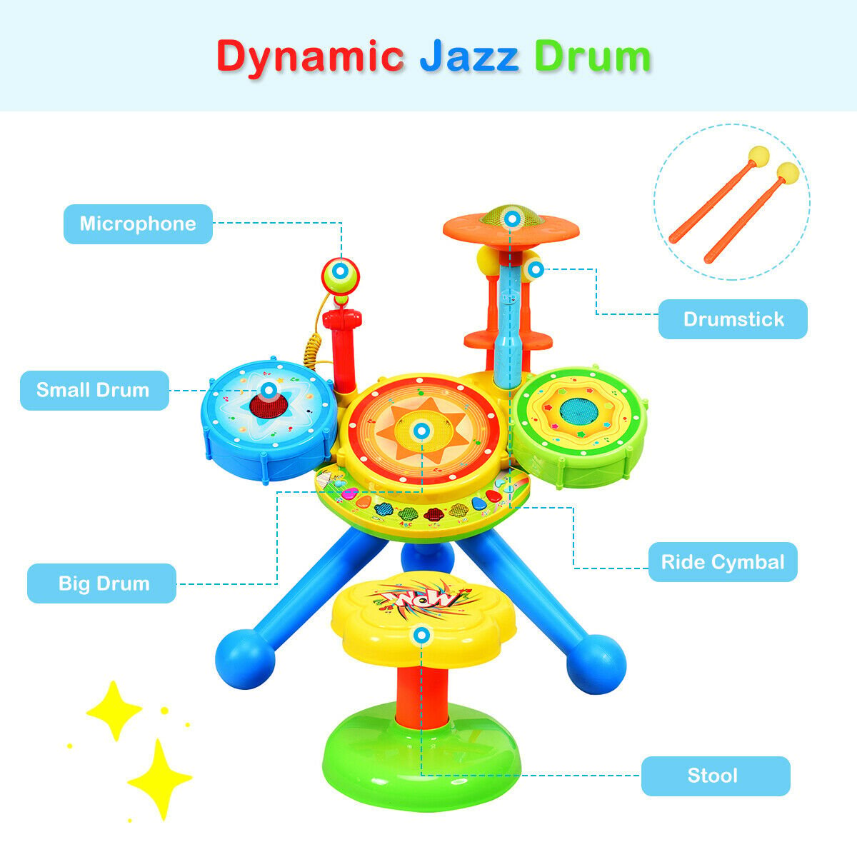 Electric Jazz Drum Set with Stool Microphone and LED Light, Multicolor Musical Toys   at Gallery Canada