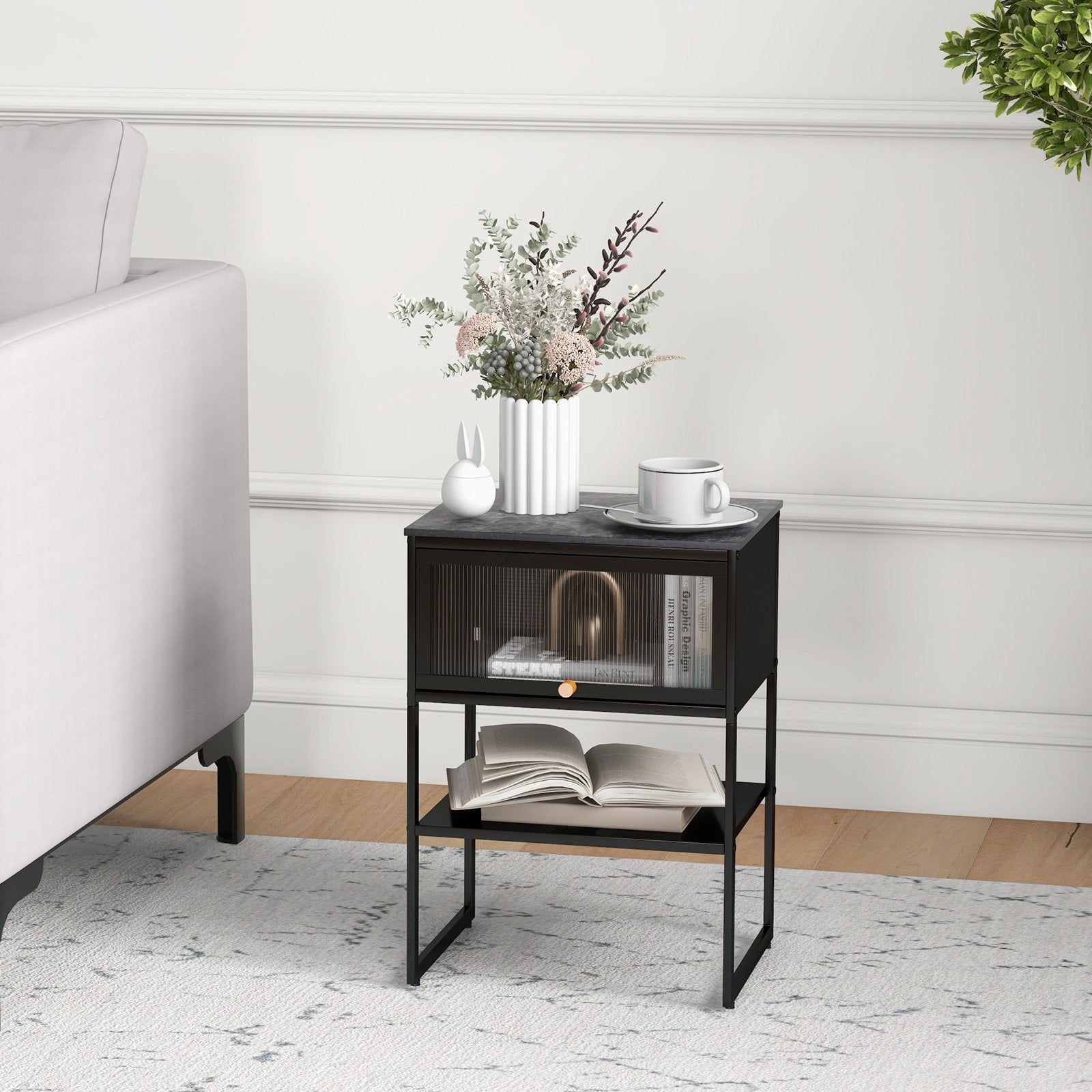 Nightstand with Flip up Door Storage Shelf, Black Nightstands   at Gallery Canada