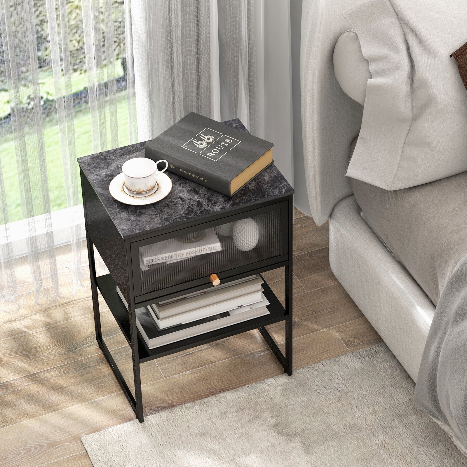 Nightstand with Flip up Door Storage Shelf, Black Nightstands   at Gallery Canada