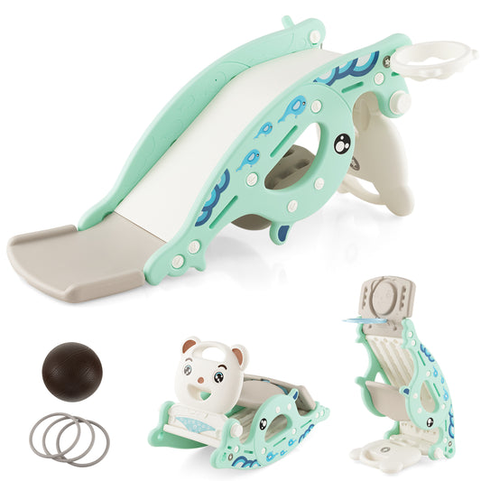 4-in-1 Kids Slide Rocking Horse with Basketball and Ring Toss, Green Climbers & Slides Green  at Gallery Canada