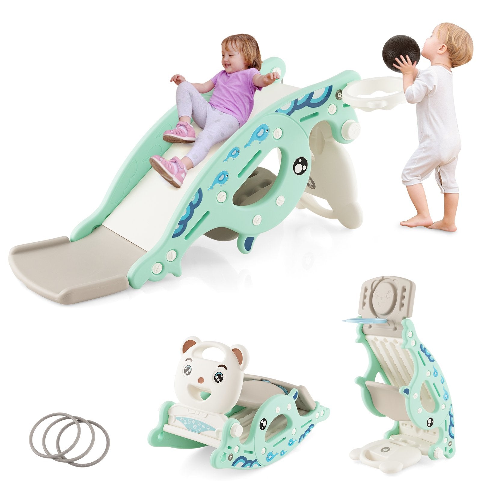 4-in-1 Kids Slide Rocking Horse with Basketball and Ring Toss, Green Climbers & Slides   at Gallery Canada