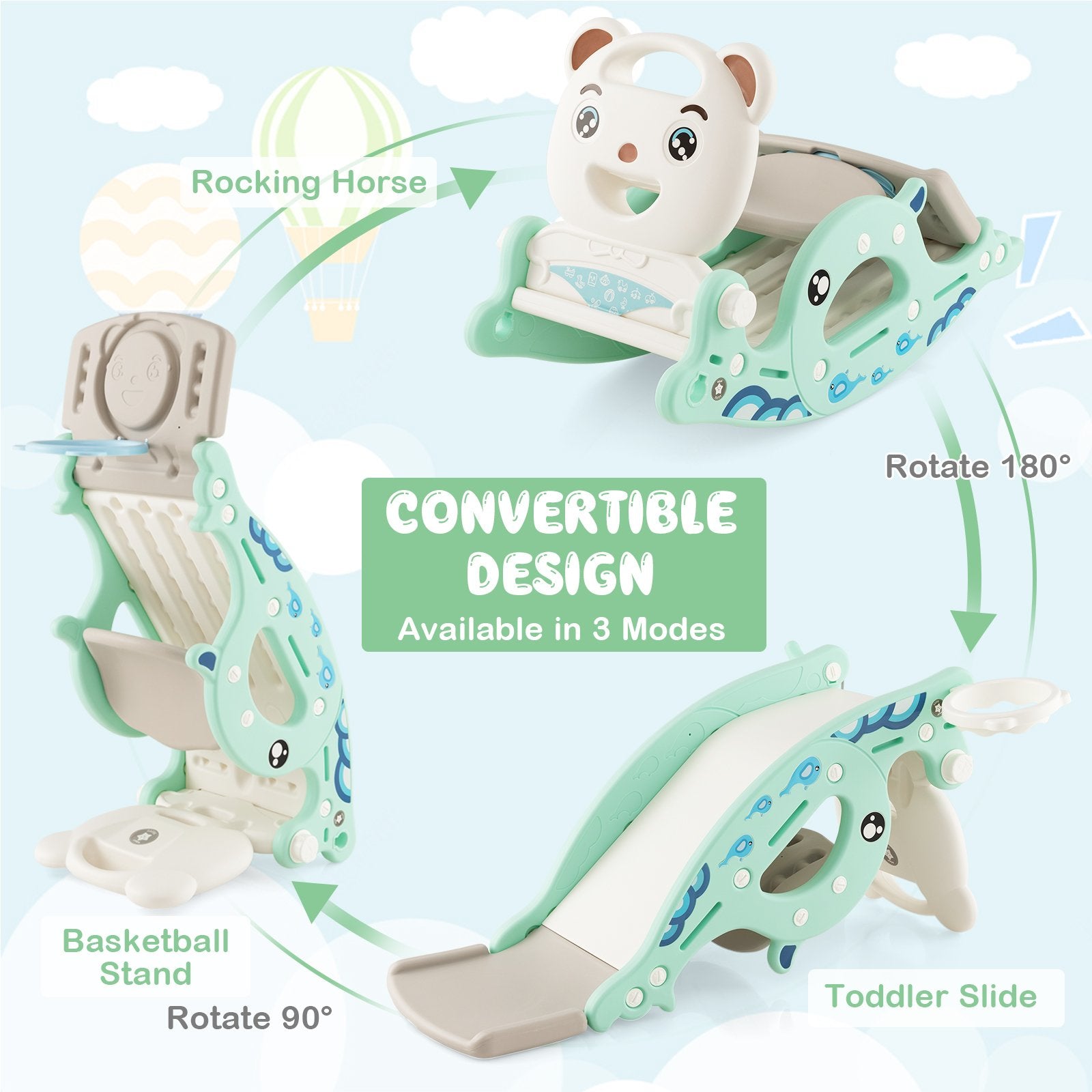 4-in-1 Kids Slide Rocking Horse with Basketball and Ring Toss, Green Climbers & Slides   at Gallery Canada