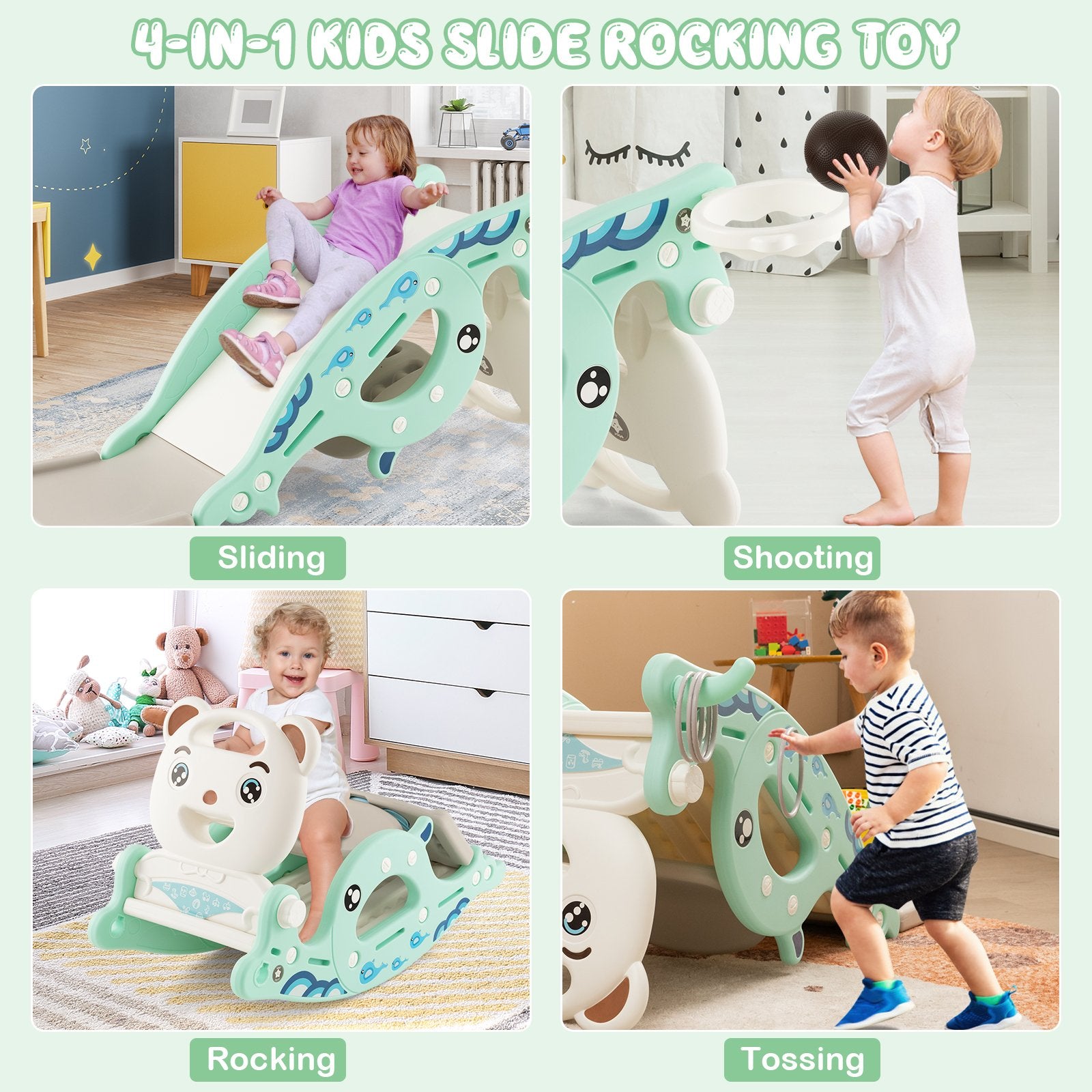 4-in-1 Kids Slide Rocking Horse with Basketball and Ring Toss, Green Climbers & Slides   at Gallery Canada