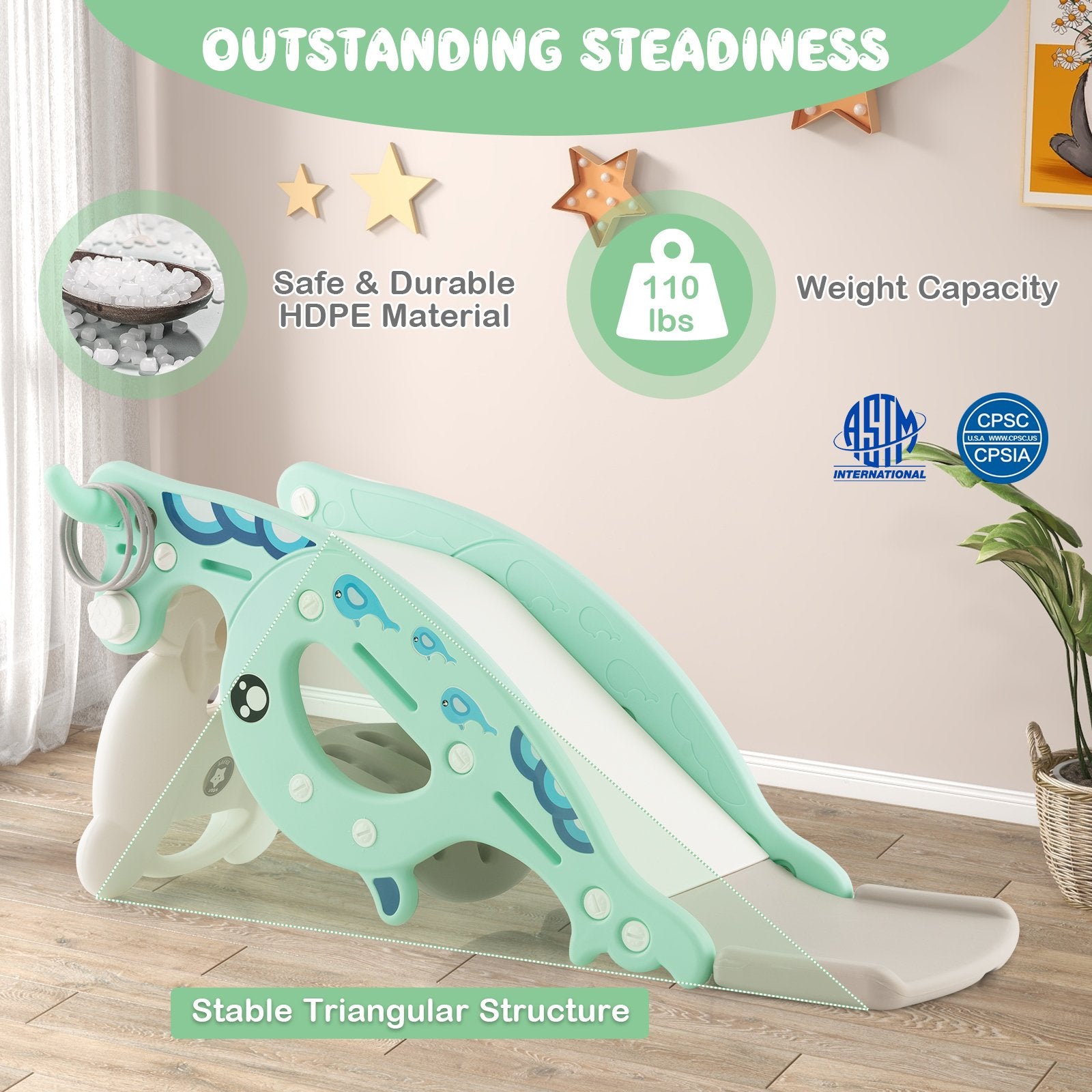 4-in-1 Kids Slide Rocking Horse with Basketball and Ring Toss, Green Climbers & Slides   at Gallery Canada