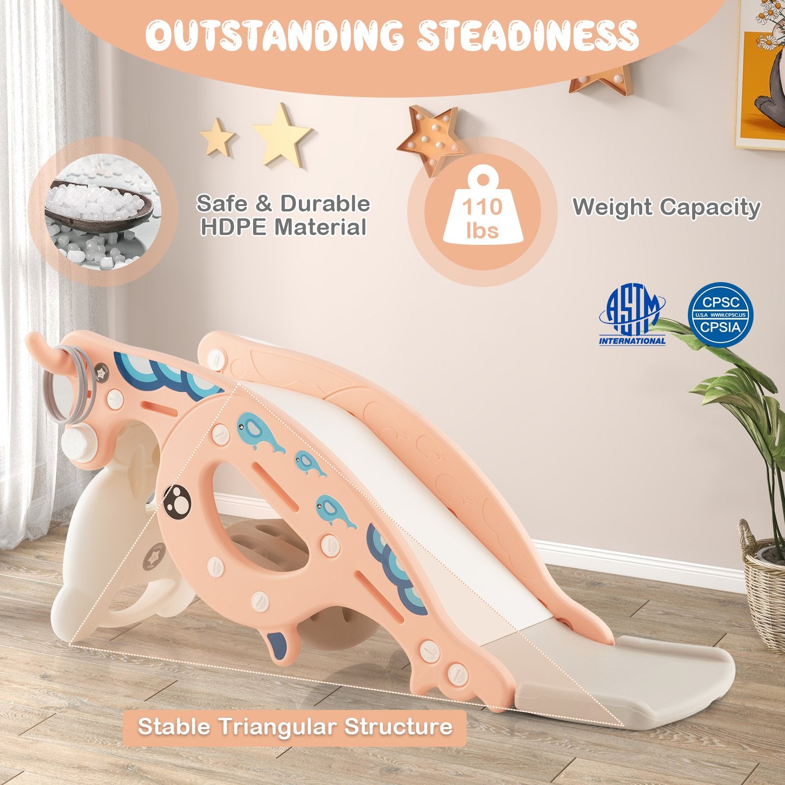 4-in-1 Kids Slide Rocking Horse with Basketball and Ring Toss, Pink Climbers & Slides   at Gallery Canada