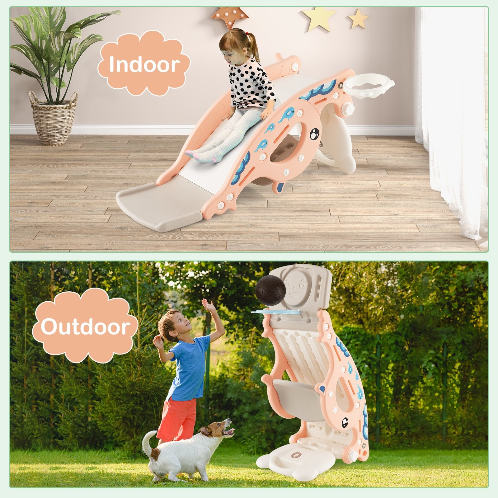 4-in-1 Kids Slide Rocking Horse with Basketball and Ring Toss, Pink Climbers & Slides   at Gallery Canada