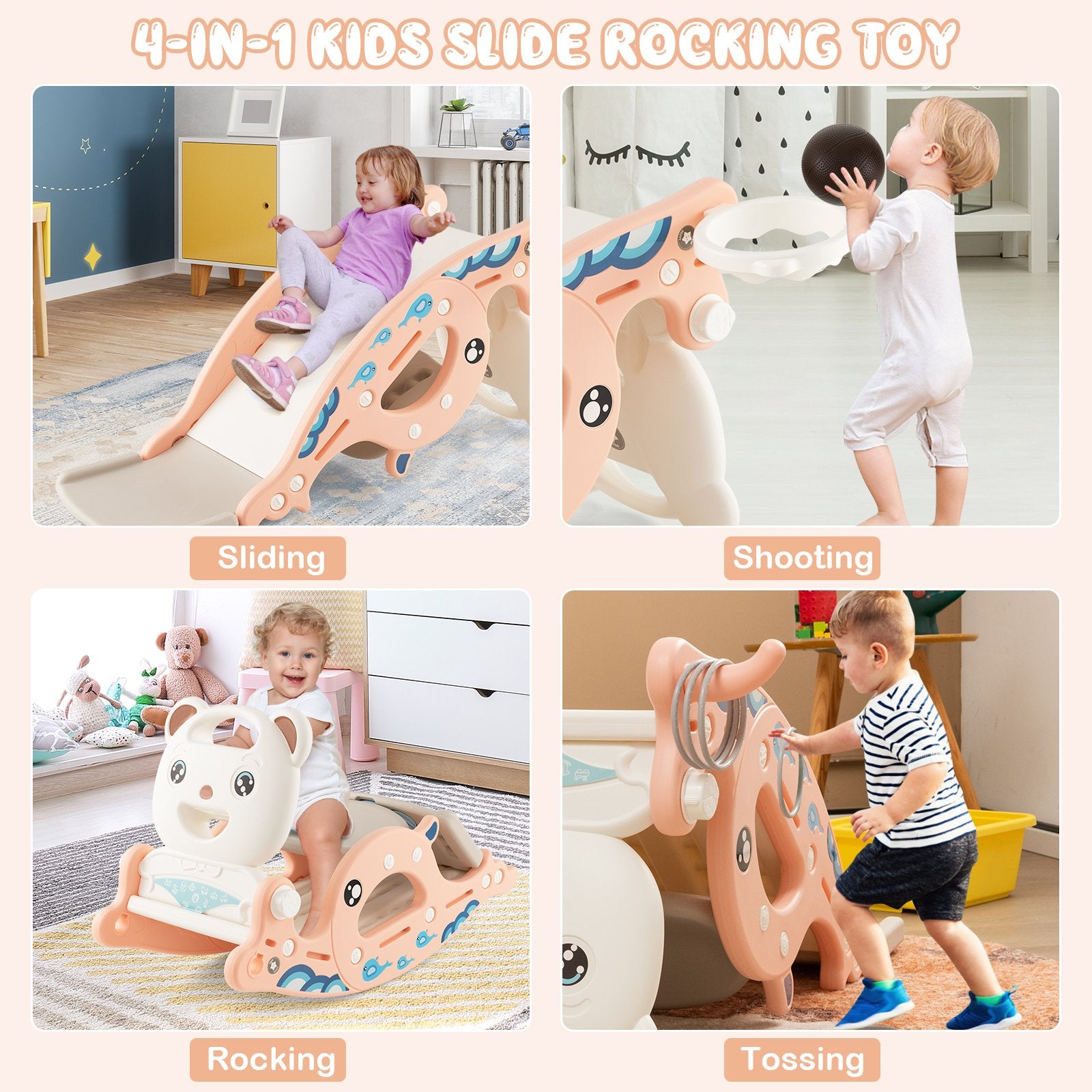 4-in-1 Kids Slide Rocking Horse with Basketball and Ring Toss, Pink Climbers & Slides   at Gallery Canada