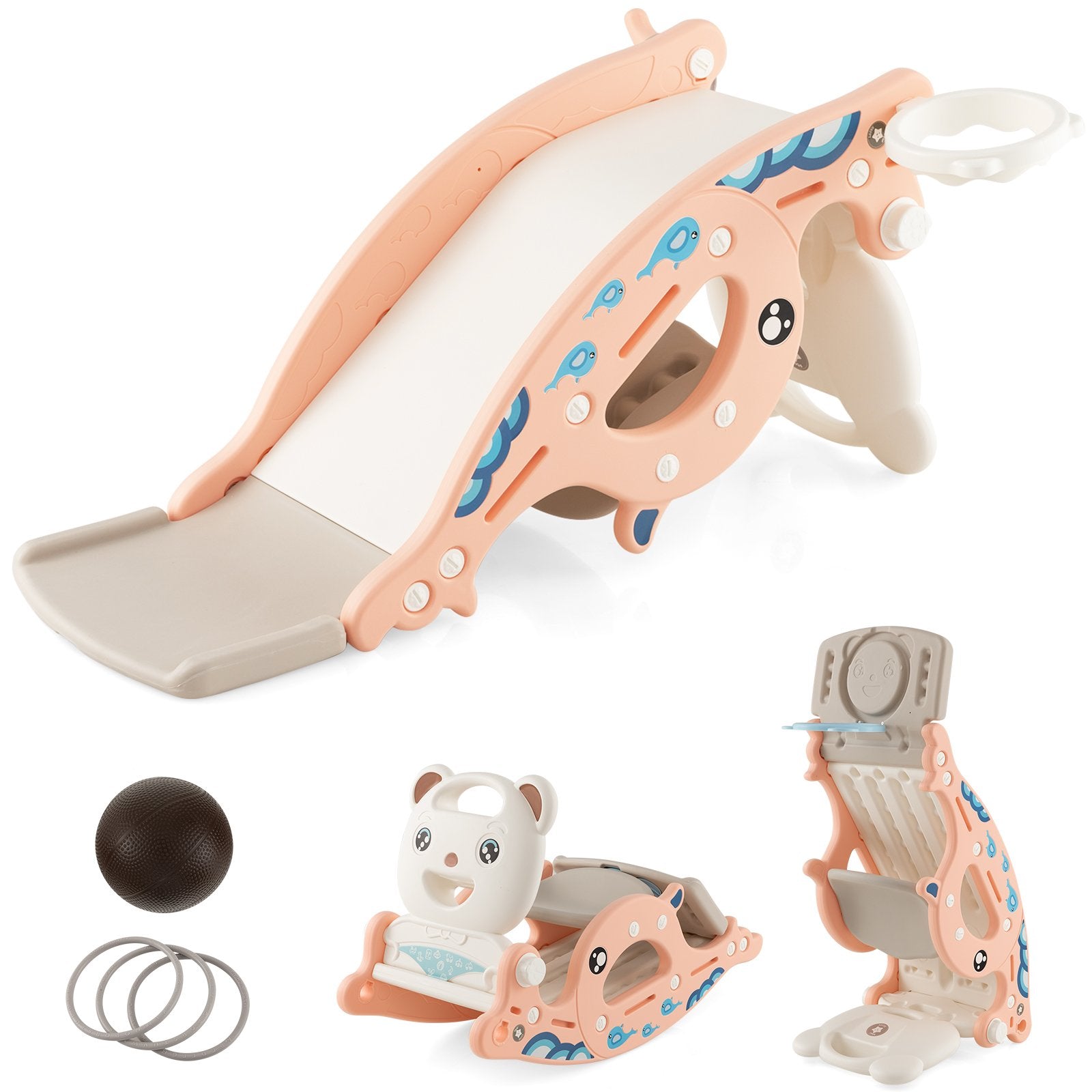 4-in-1 Kids Slide Rocking Horse with Basketball and Ring Toss, Pink Climbers & Slides   at Gallery Canada