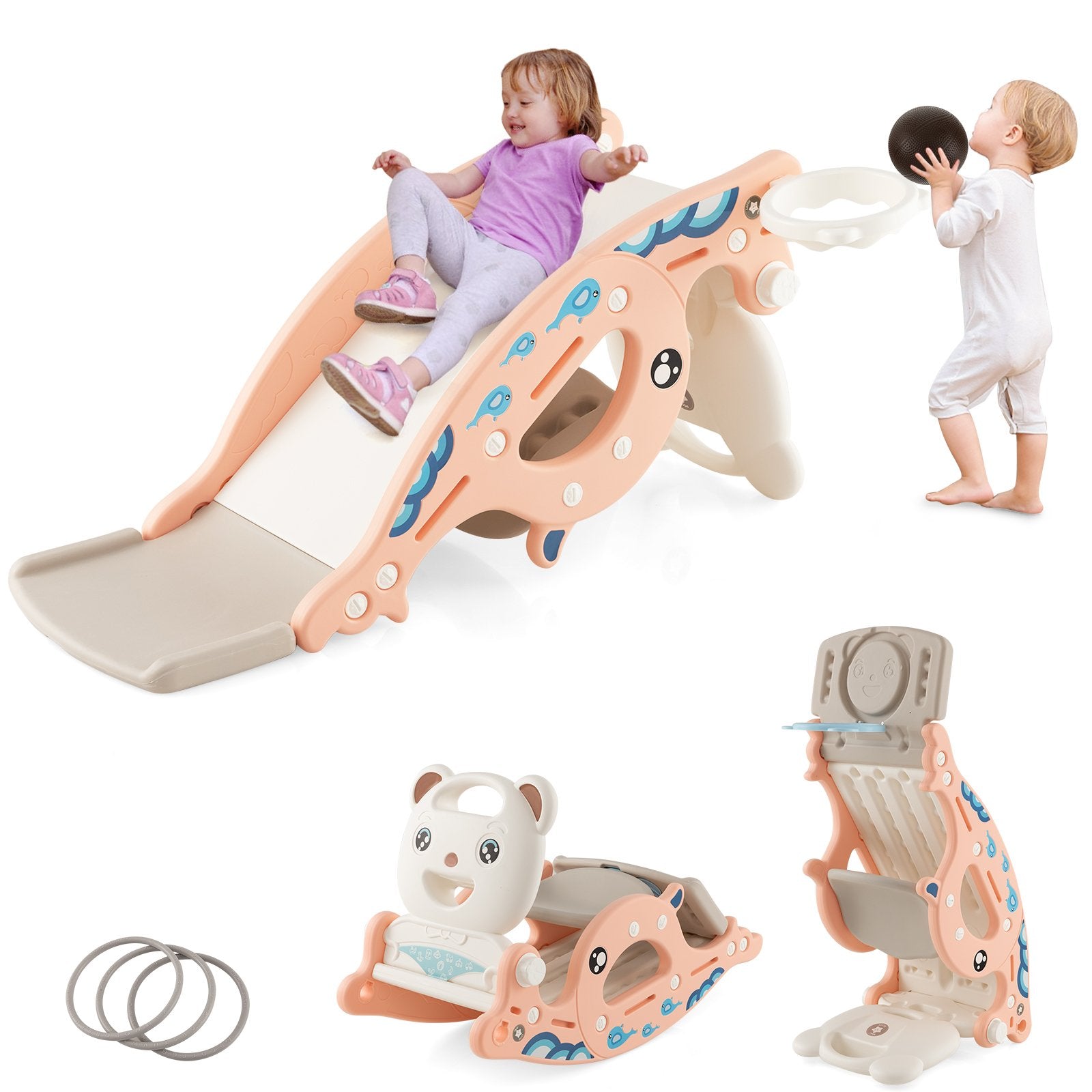 4-in-1 Kids Slide Rocking Horse with Basketball and Ring Toss, Pink Climbers & Slides   at Gallery Canada