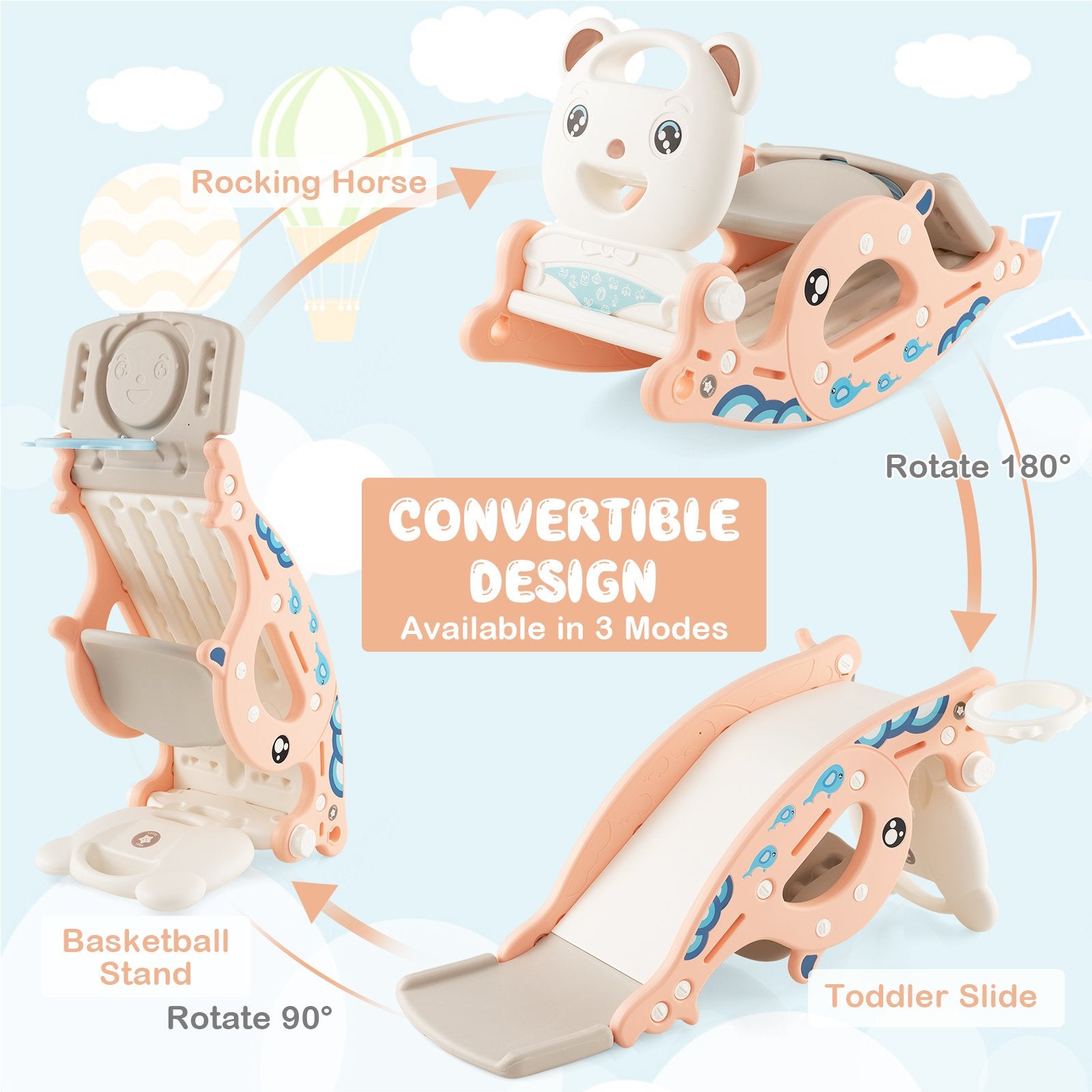 4-in-1 Kids Slide Rocking Horse with Basketball and Ring Toss, Pink Climbers & Slides   at Gallery Canada