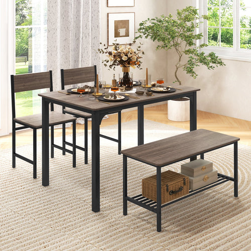 4 Pieces Rustic Dining Table Set with 2 Chairs and Bench, Gray