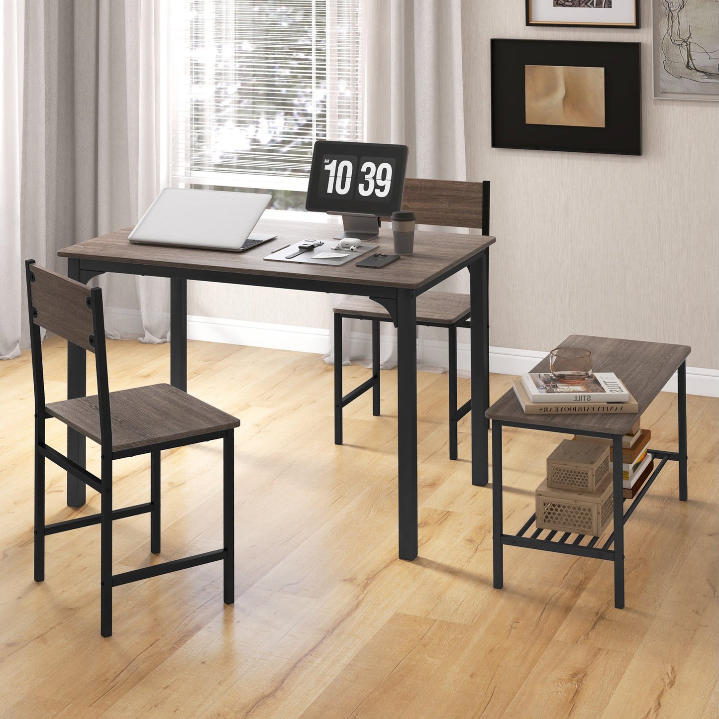 4 Pieces Rustic Dining Table Set with 2 Chairs and Bench, Gray - Gallery Canada