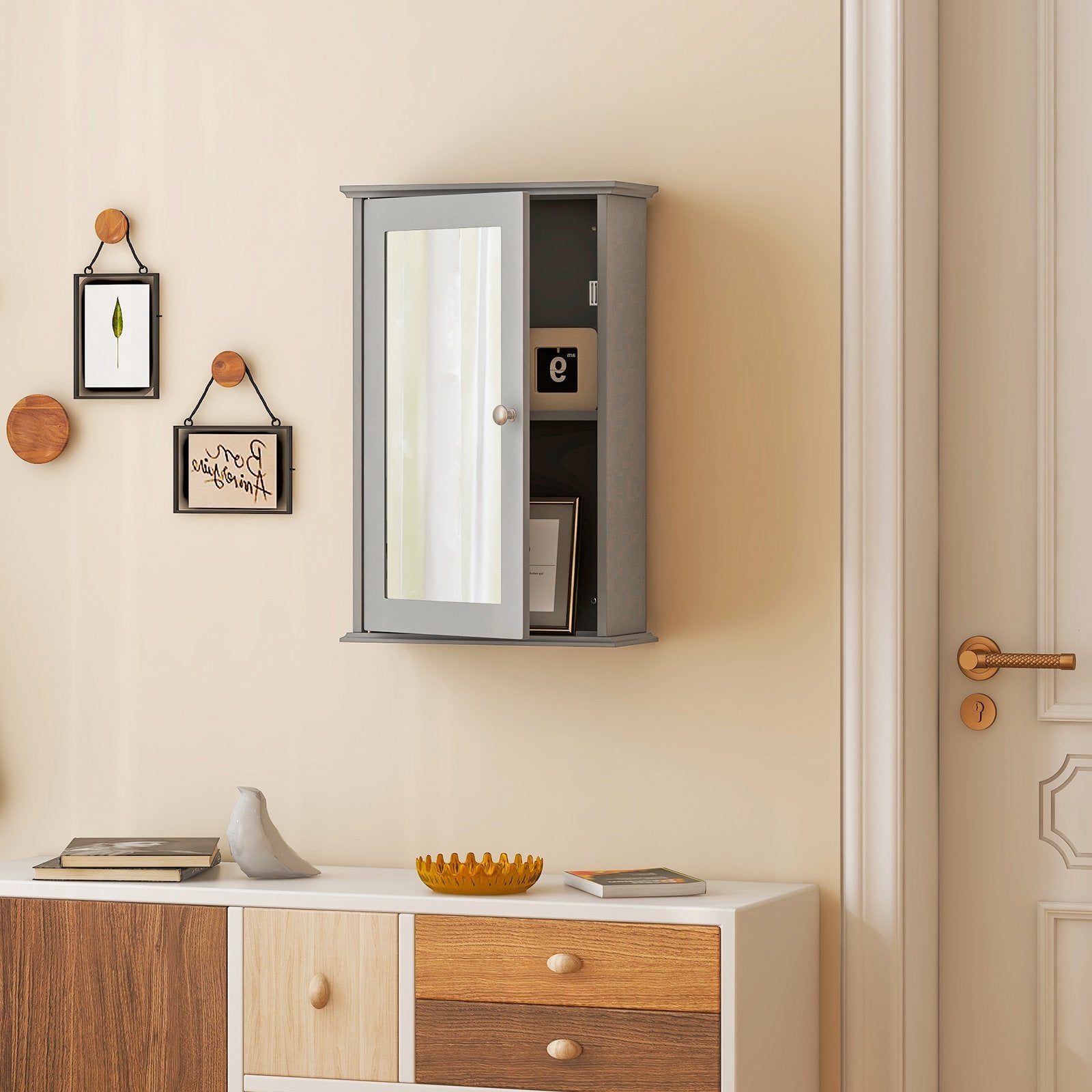 Bathroom Wall Cabinet with Single Mirror Door, Gray Wall Cabinets   at Gallery Canada