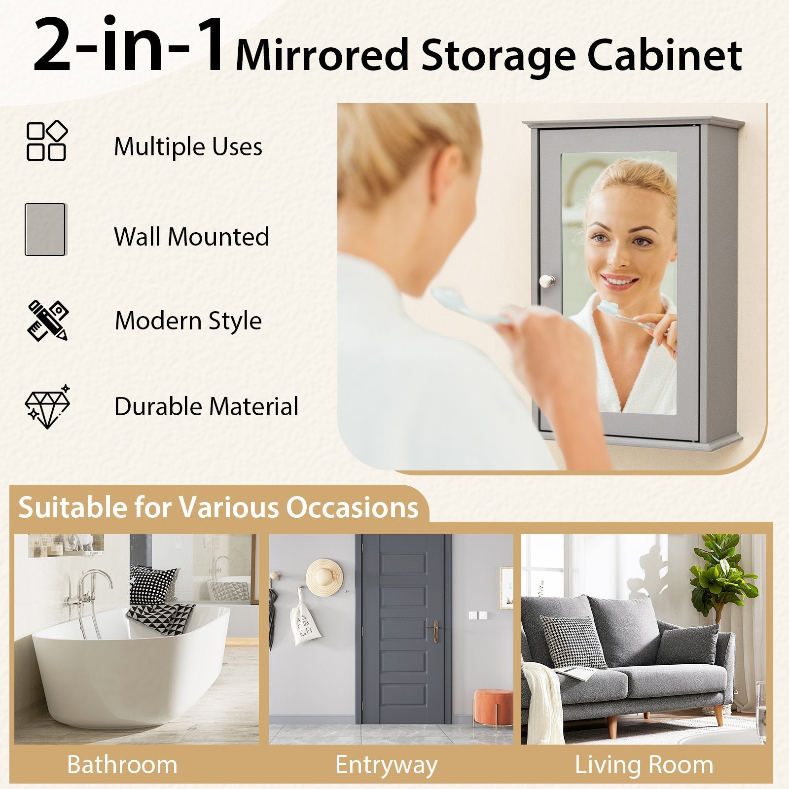 Bathroom Wall Cabinet with Single Mirror Door, Gray Wall Cabinets   at Gallery Canada