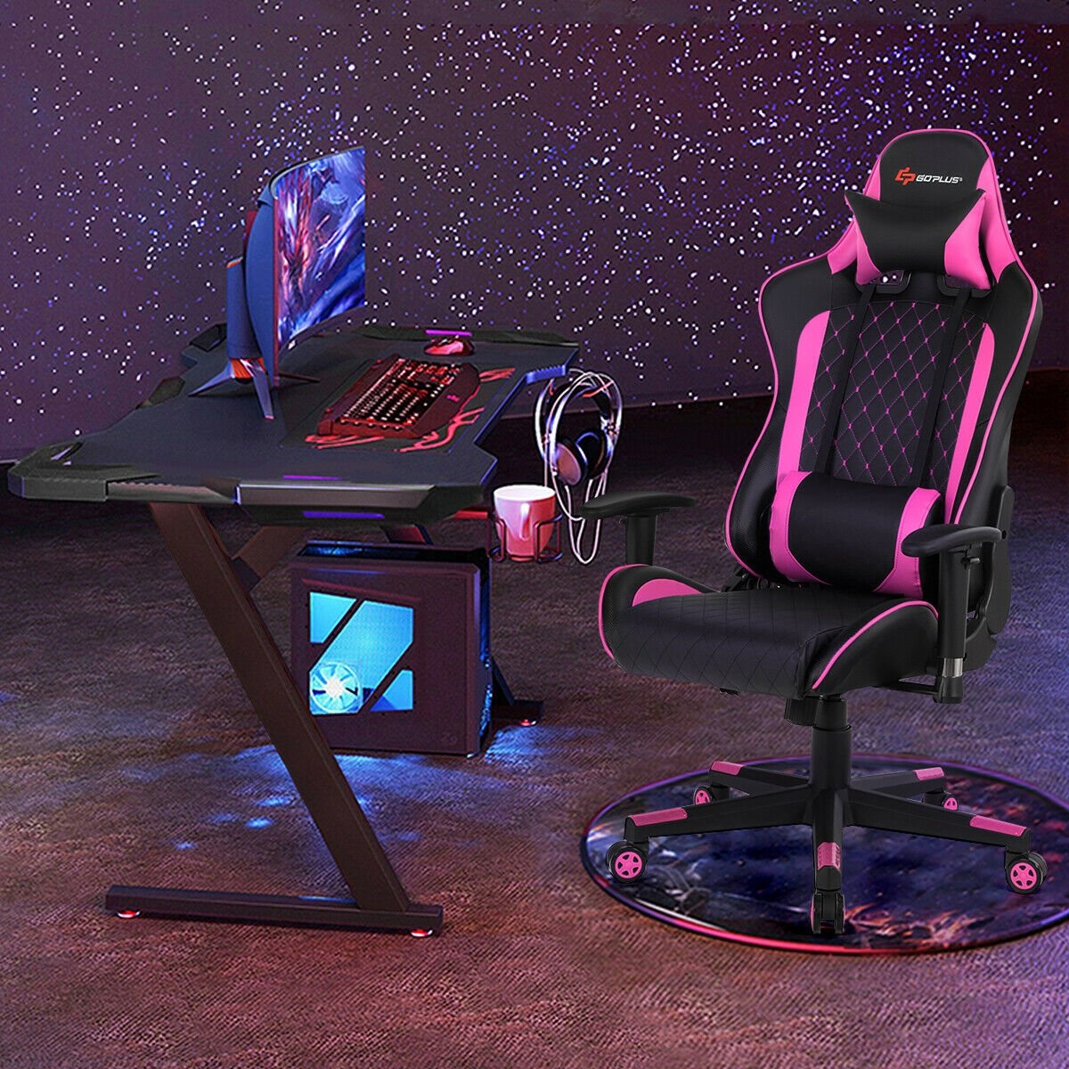 Massage Gaming Chair with Lumbar Support and Headrest, Pink Gaming Chairs   at Gallery Canada