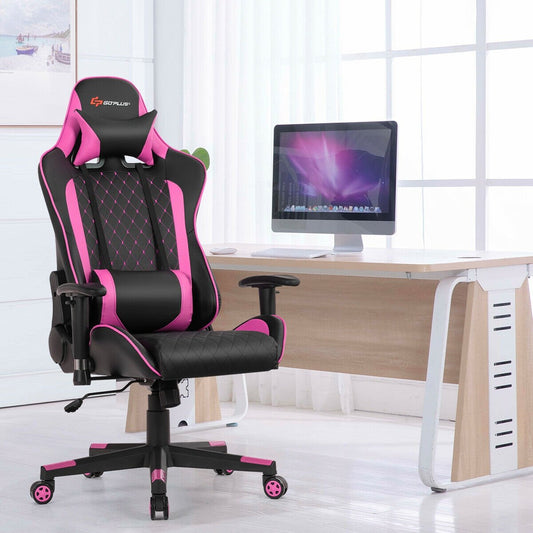 Massage Gaming Chair with Lumbar Support and Headrest, Pink - Gallery Canada