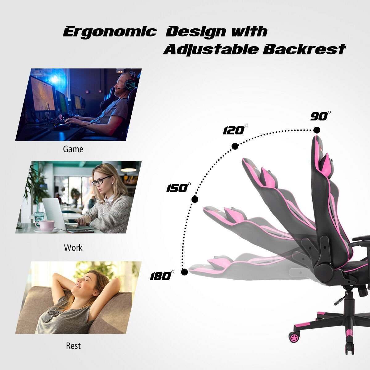 Massage Gaming Chair with Lumbar Support and Headrest, Pink Gaming Chairs   at Gallery Canada