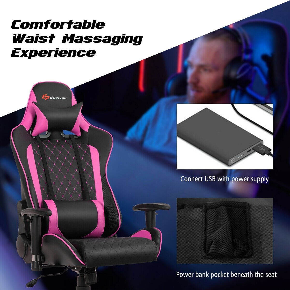 Massage Gaming Chair with Lumbar Support and Headrest, Pink Gaming Chairs   at Gallery Canada