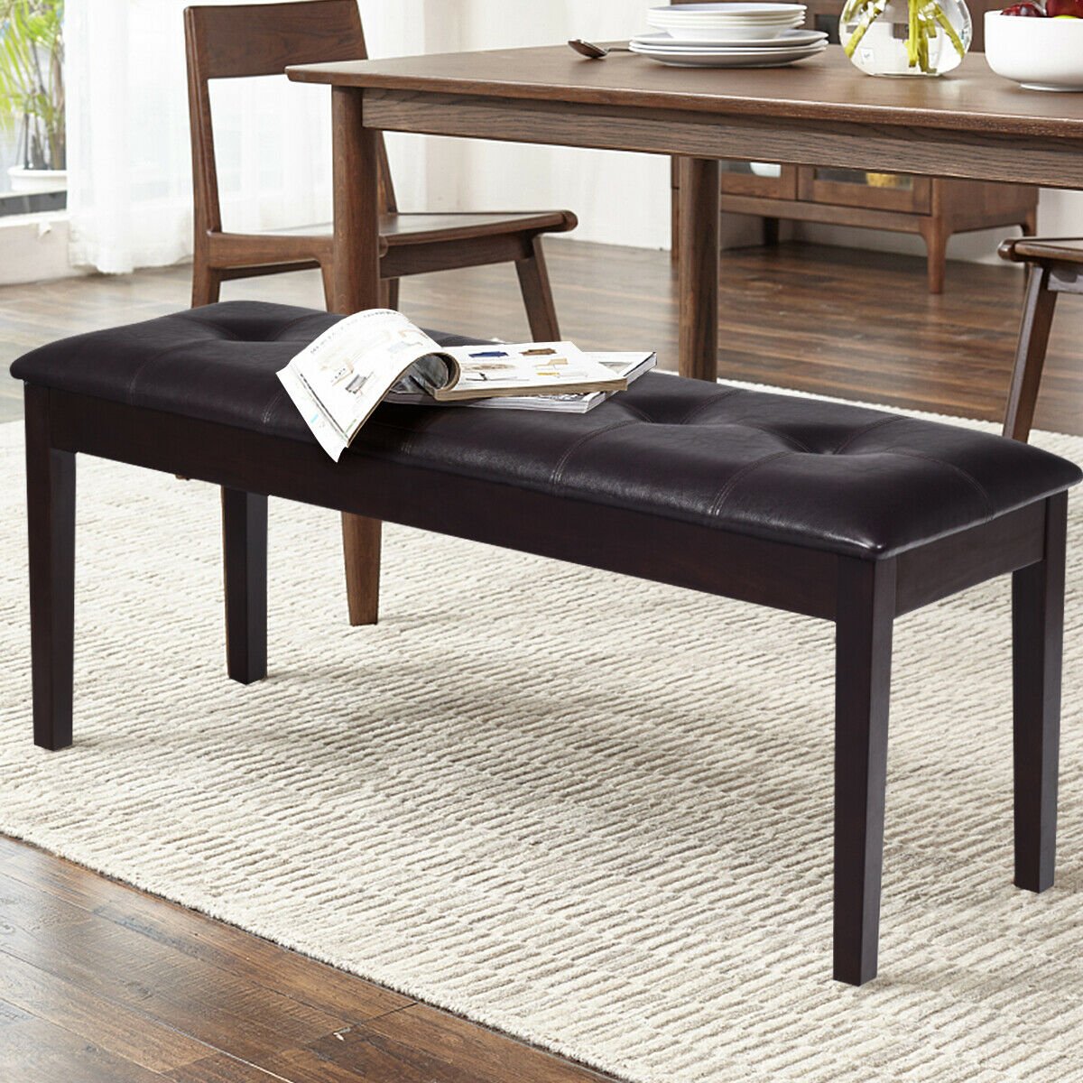 Upholstered Dining Room PU Bench Solid Wood Button Tufted, Brown Ottomans   at Gallery Canada