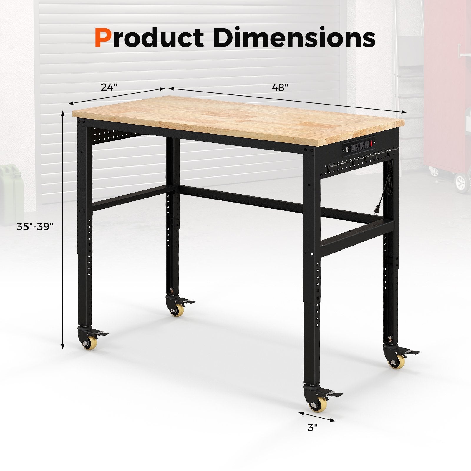 48 Inch Adjustable Work Bench with Power Outlets, Natural - Gallery Canada
