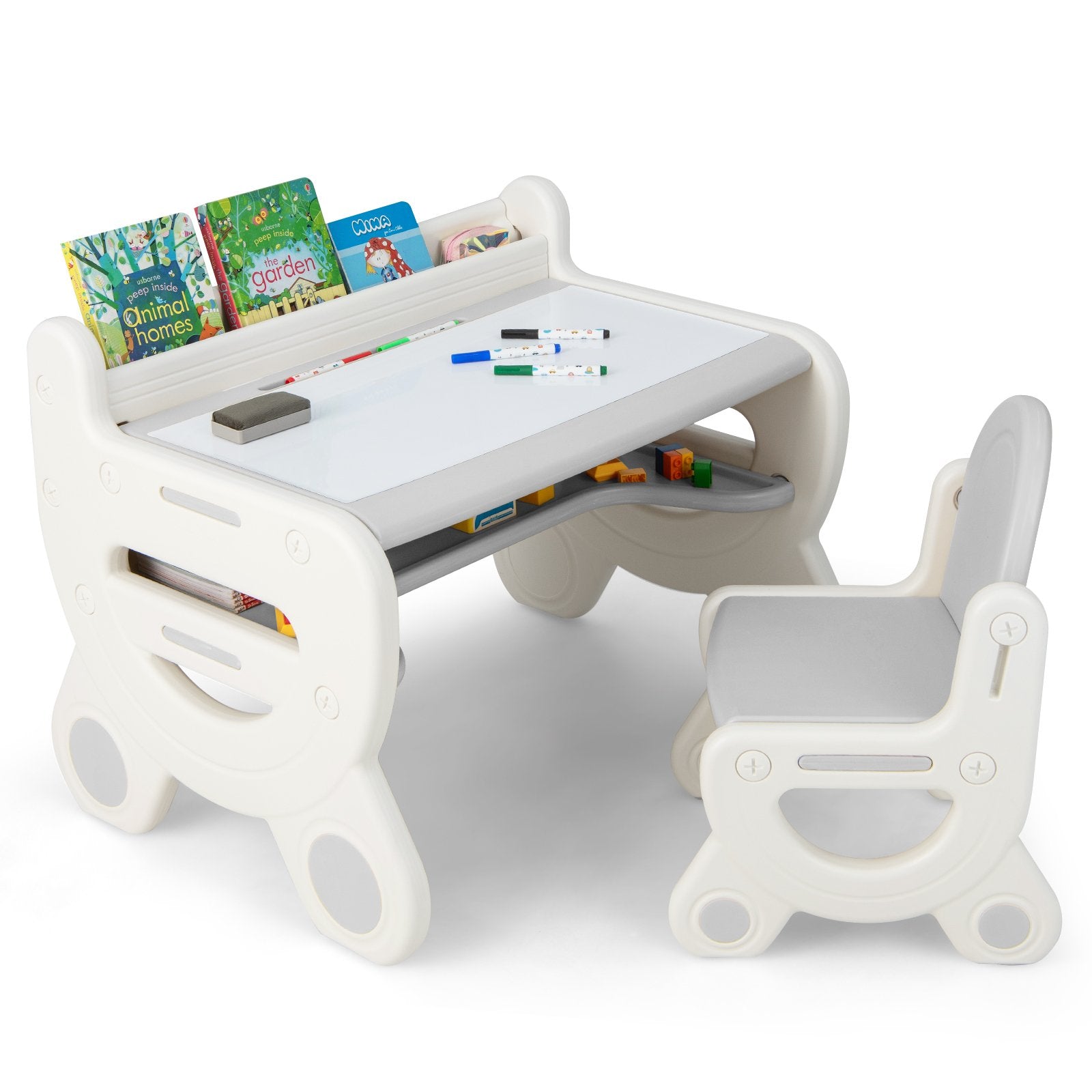 Kids Drawing Table and Chair Set with Watercolor Pens and Blackboard Eraser, Gray Kids Table & Chair Sets   at Gallery Canada