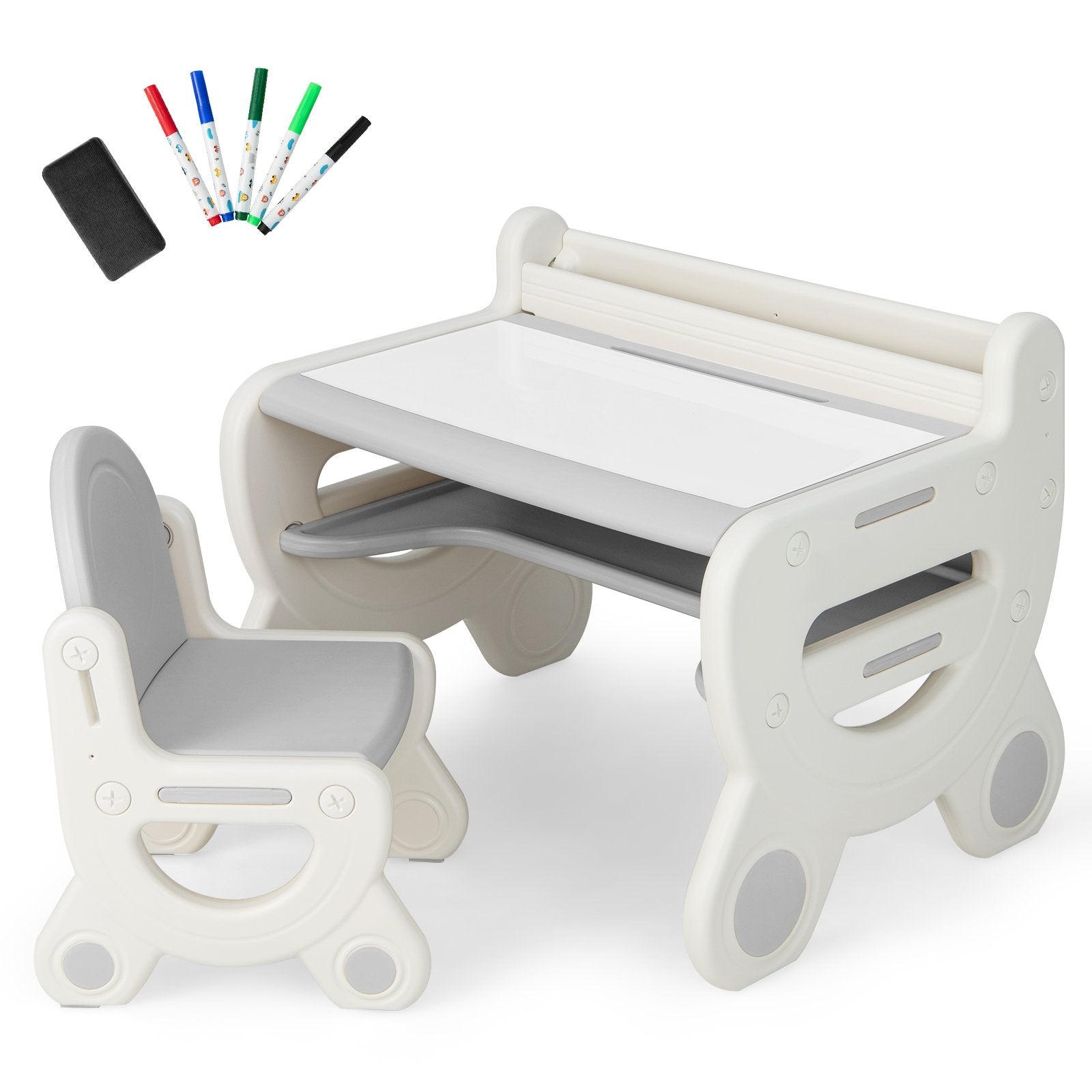 Kids Drawing Table and Chair Set with Watercolor Pens and Blackboard Eraser, Gray Kids Table & Chair Sets   at Gallery Canada