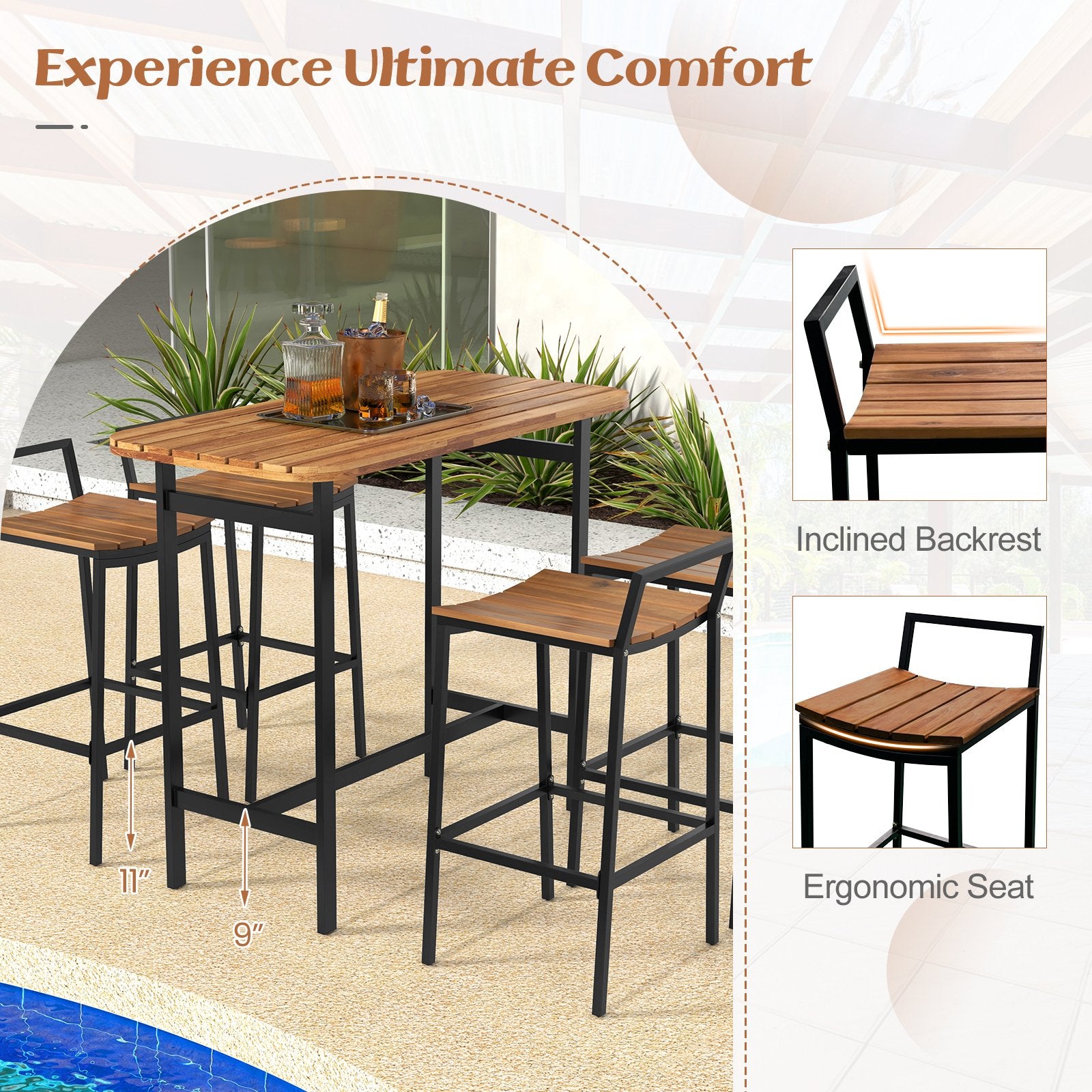 5 Piece Acacia Wood Bar Table Set Bar Height Table and Chairs with Metal Frame and Footrest Patio Bar Furniture   at Gallery Canada