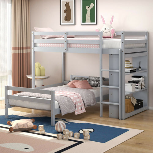 Twin Over Twin Loft Bunk Bed with Bookcase, Gray