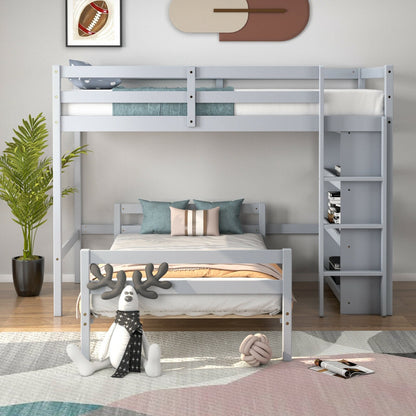 Twin Over Twin Loft Bunk Bed with Bookcase, Gray Bunk Bed Frame   at Gallery Canada