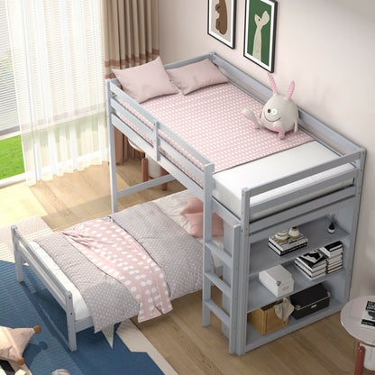 Twin Over Twin Loft Bunk Bed with Bookcase, Gray Bunk Bed Frame   at Gallery Canada