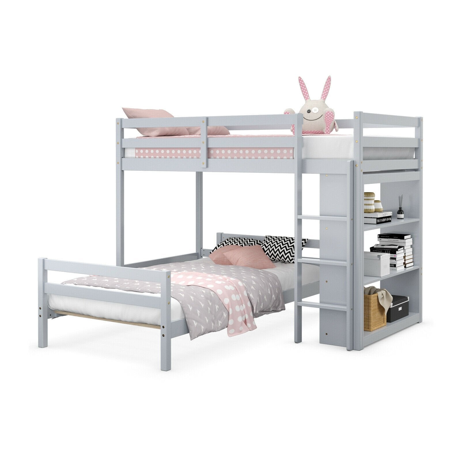 Twin Over Twin Loft Bunk Bed with Bookcase, Gray Bunk Bed Frame   at Gallery Canada