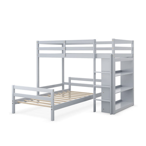Twin Over Twin Loft Bunk Bed with Bookcase, Gray