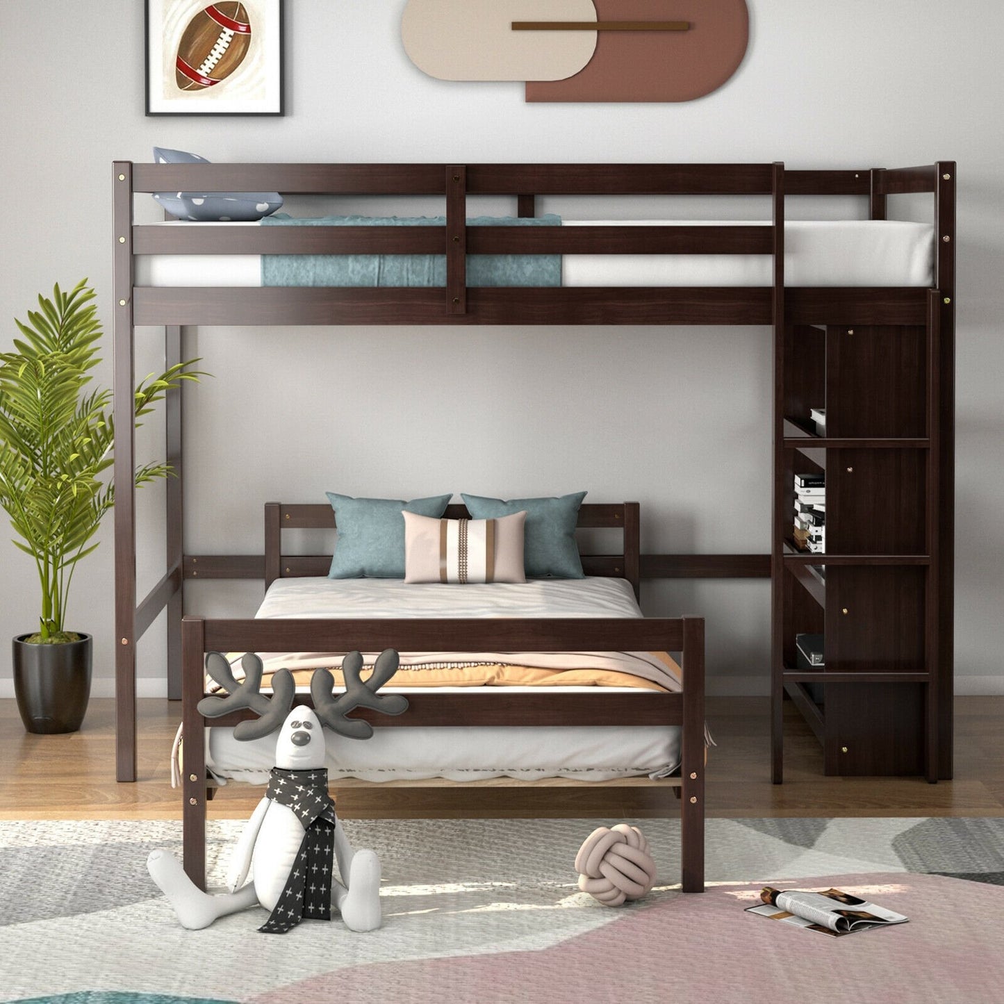 Twin Over Twin Loft Bunk Bed with Bookcase, Dark Brown Bunk Bed Frame   at Gallery Canada