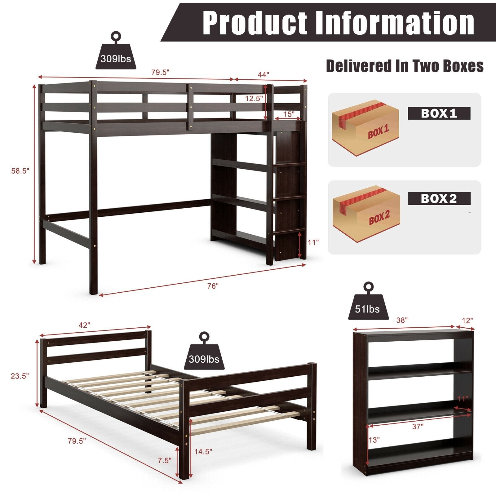 Twin Over Twin Loft Bunk Bed with Bookcase, Dark Brown Bunk Bed Frame   at Gallery Canada