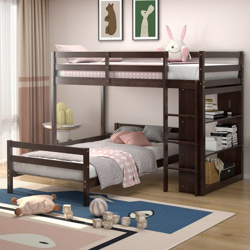 Twin Over Twin Loft Bunk Bed with Bookcase, Dark Brown