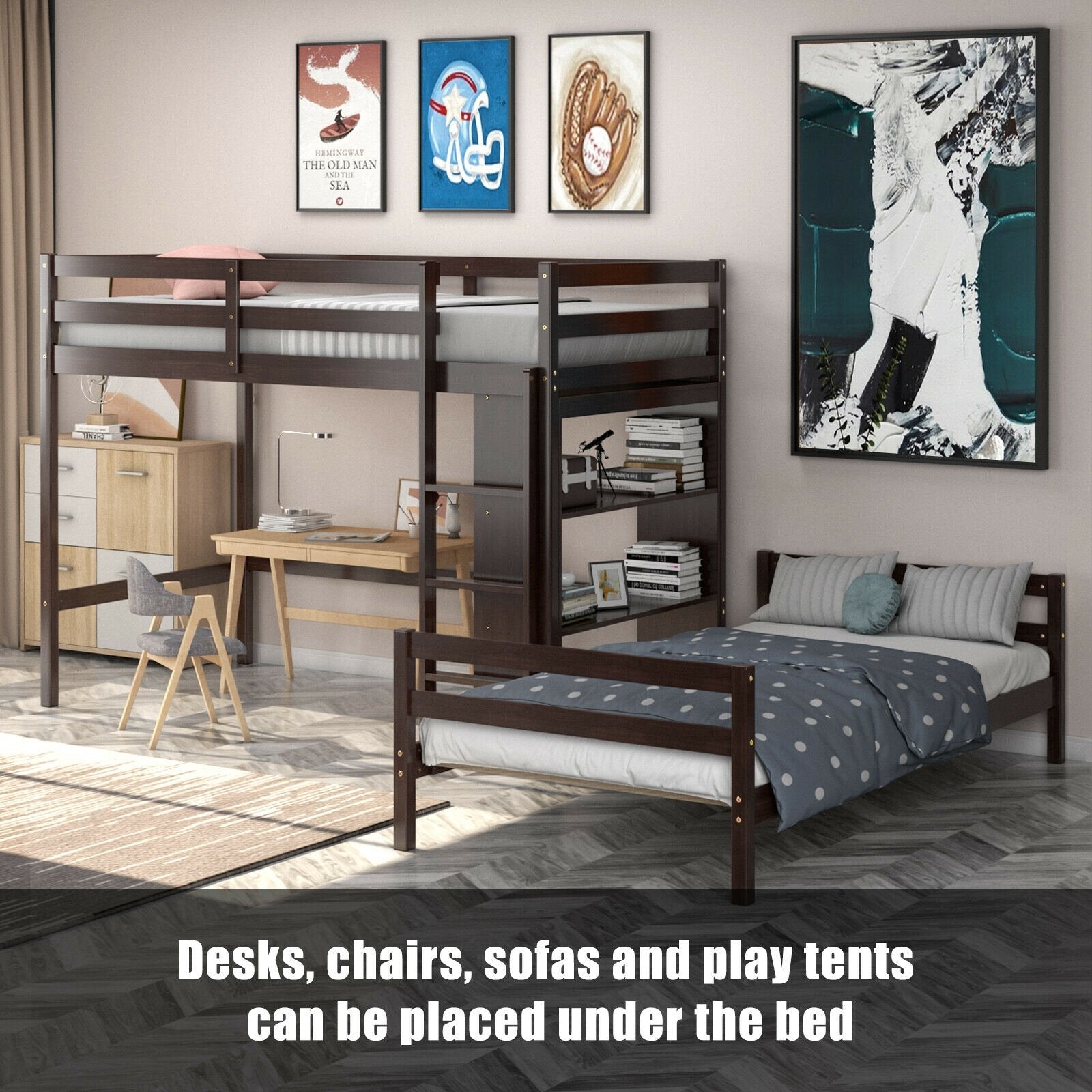 Twin Over Twin Loft Bunk Bed with Bookcase, Dark Brown Bunk Bed Frame   at Gallery Canada