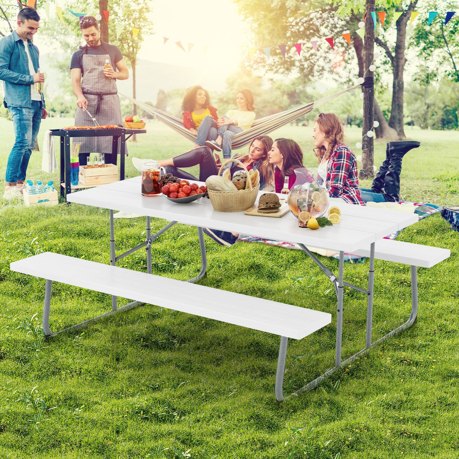 Folding Picnic Table Set with Metal Frame and All-Weather HDPE Tabletop  Umbrella Hole, White Outdoor Seating & Patio Chairs   at Gallery Canada