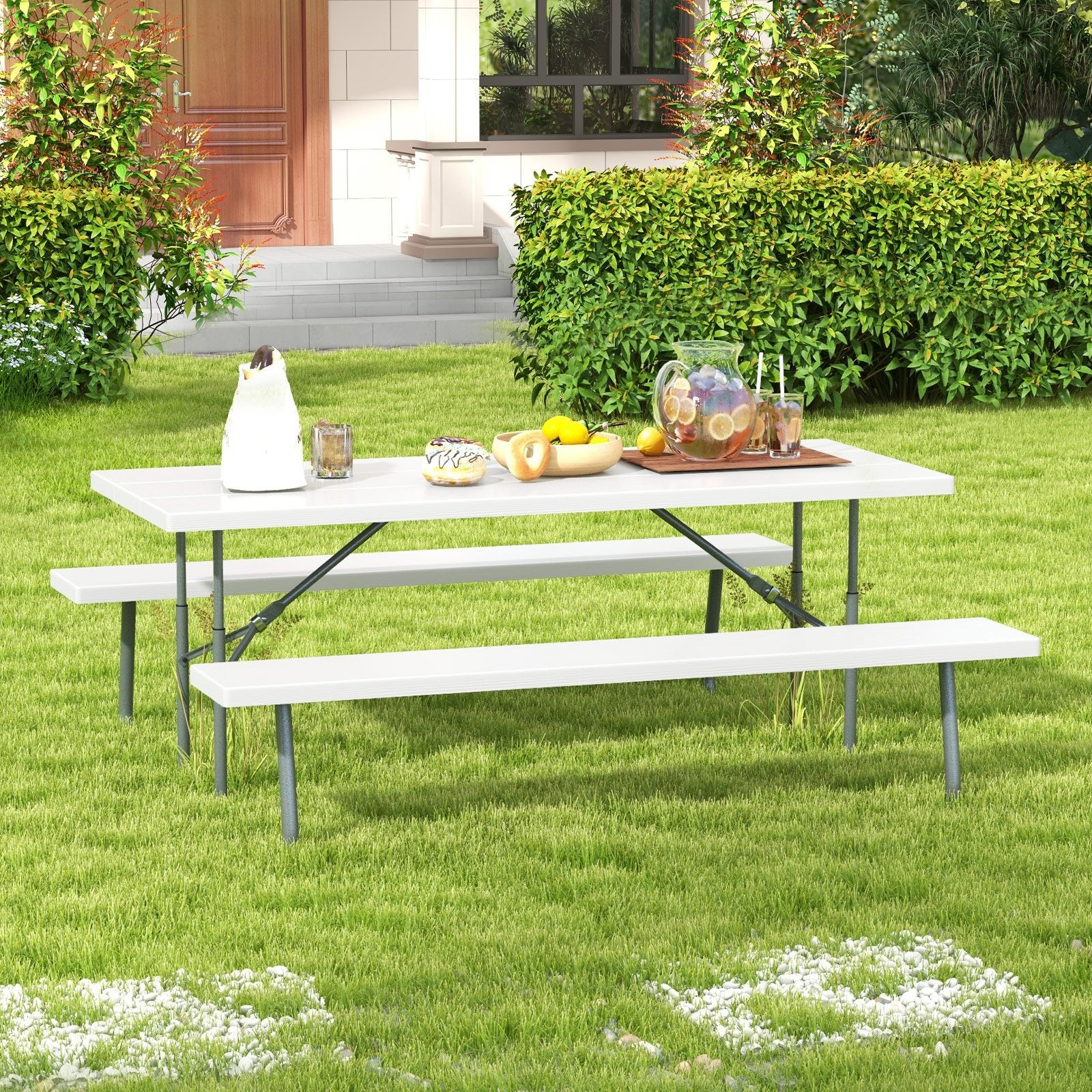 Folding Picnic Table Set with Metal Frame and All-Weather HDPE Tabletop  Umbrella Hole, White Outdoor Seating & Patio Chairs   at Gallery Canada