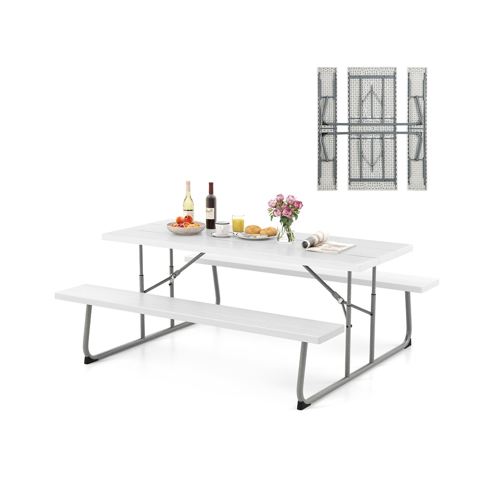 Folding Picnic Table Set with Metal Frame and All-Weather HDPE Tabletop  Umbrella Hole, White Outdoor Seating & Patio Chairs   at Gallery Canada