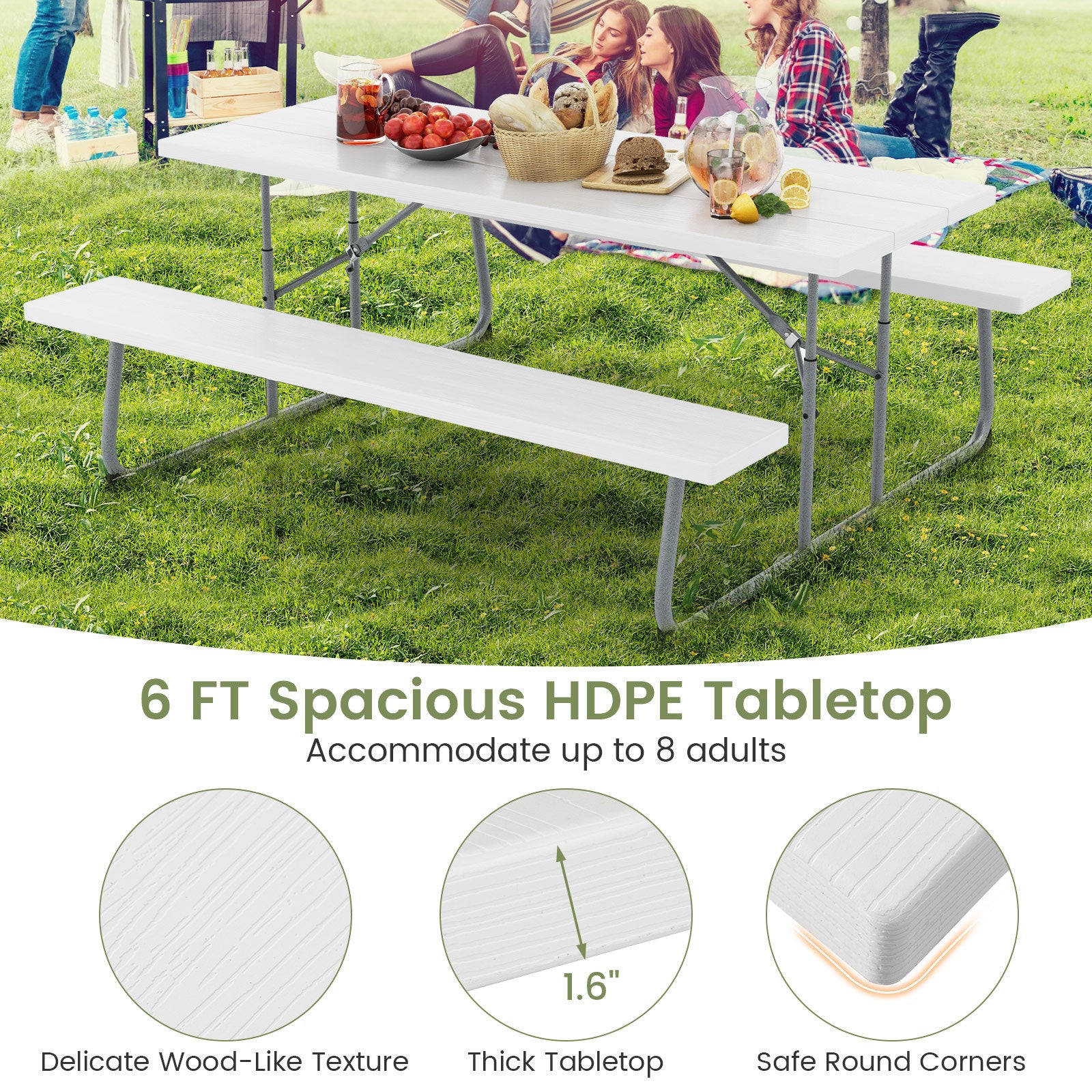 Folding Picnic Table Set with Metal Frame and All-Weather HDPE Tabletop  Umbrella Hole, White Outdoor Seating & Patio Chairs   at Gallery Canada