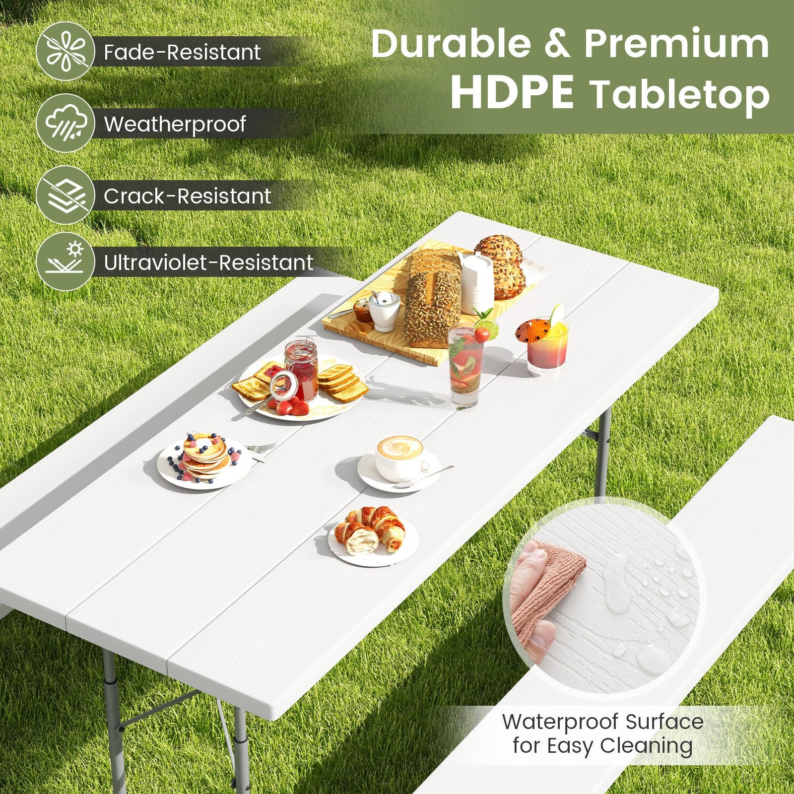 Folding Picnic Table Set with Metal Frame and All-Weather HDPE Tabletop  Umbrella Hole, White Outdoor Seating & Patio Chairs   at Gallery Canada