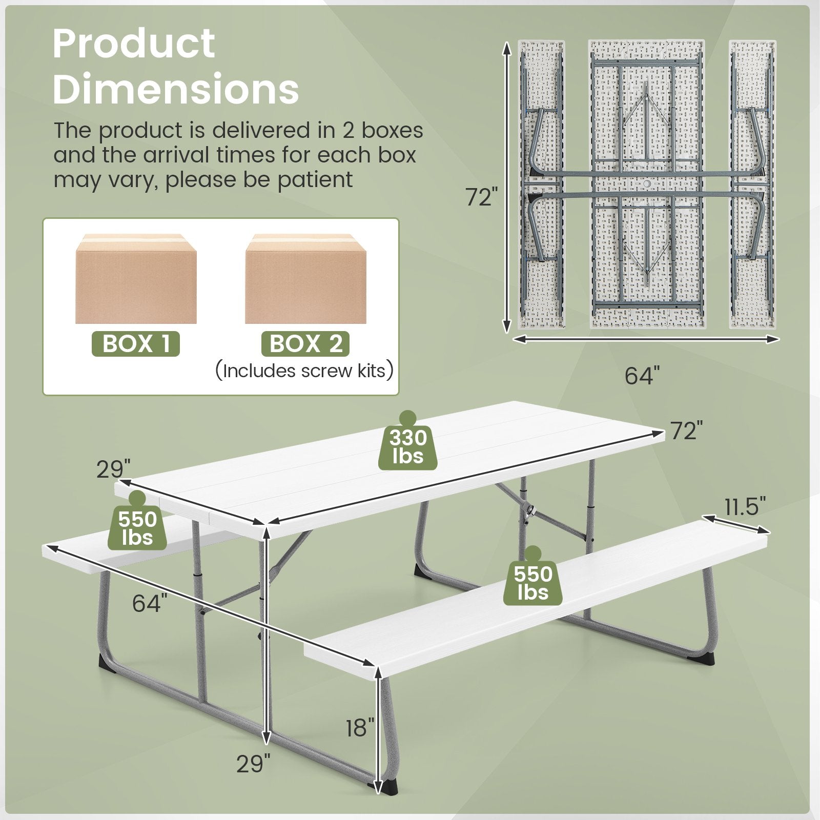 Folding Picnic Table Set with Metal Frame and All-Weather HDPE Tabletop  Umbrella Hole, White Outdoor Seating & Patio Chairs   at Gallery Canada